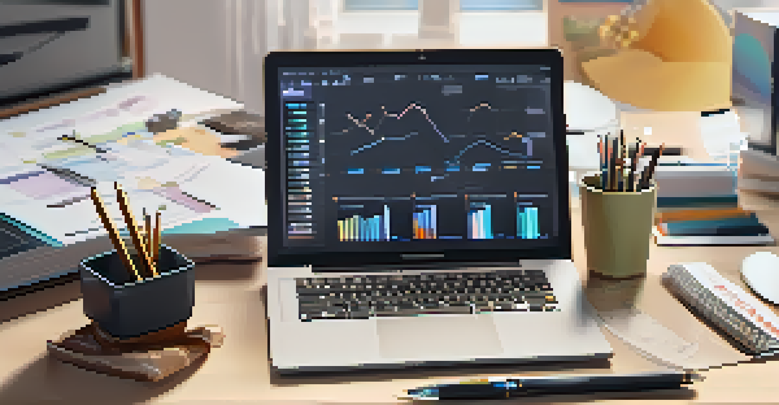 A close-up view of a well-organized desk featuring a planner, pens, a smartphone, and a laptop showing graphs.