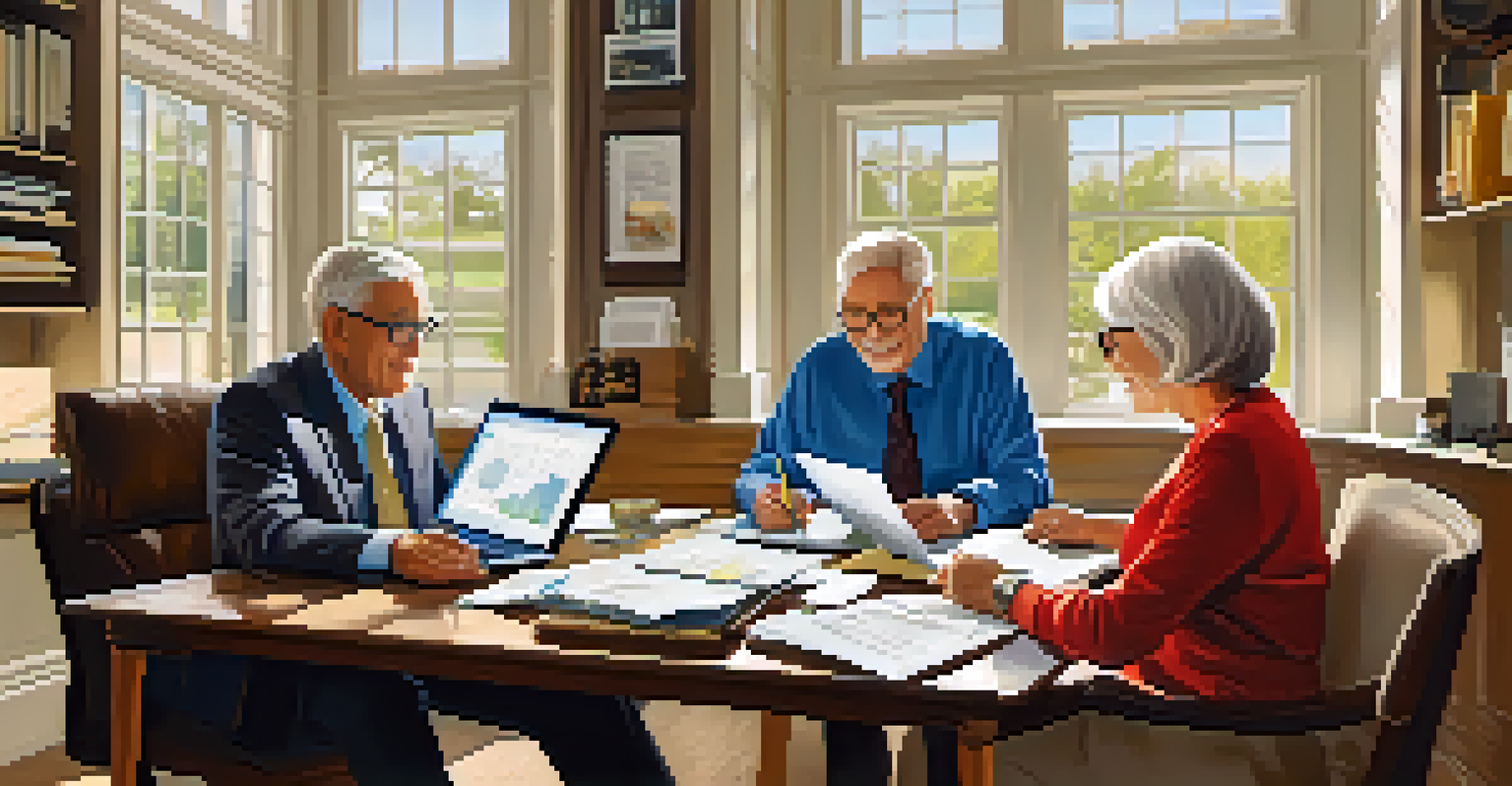 A financial advisor discussing retirement plans with an older couple in a bright office.