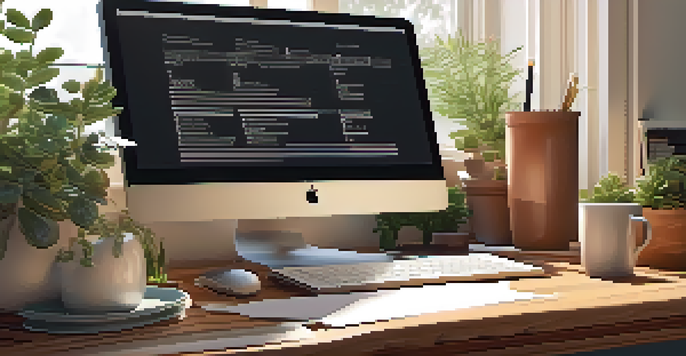 A serene home office featuring a wooden desk with a laptop, tax documents, and a potted plant, illuminated by soft morning light.
