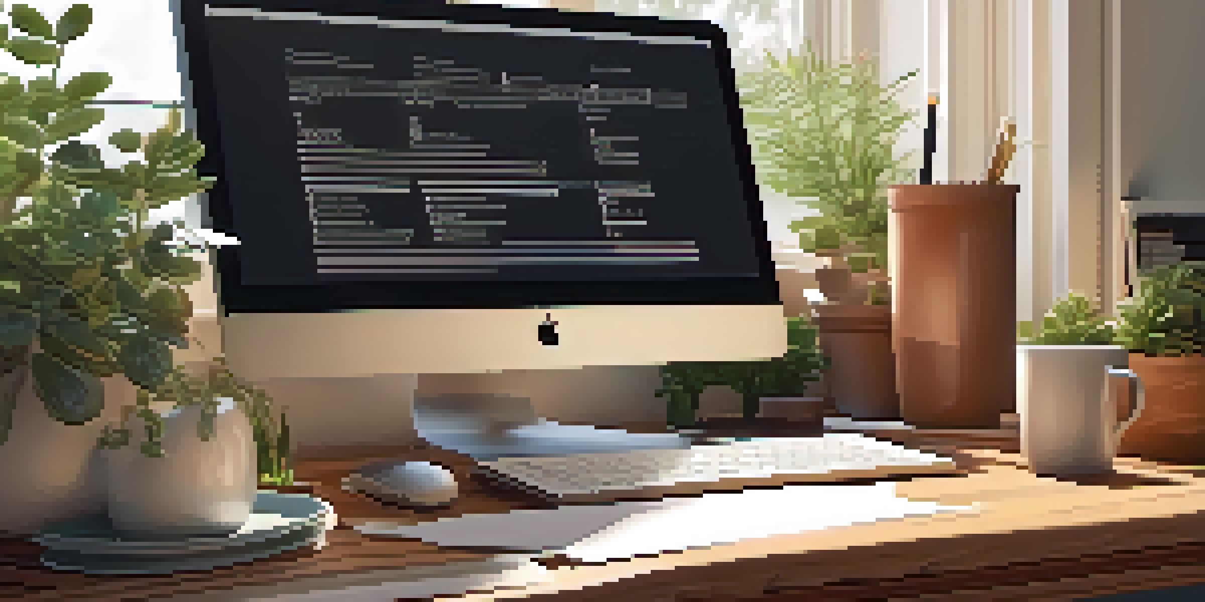 A serene home office featuring a wooden desk with a laptop, tax documents, and a potted plant, illuminated by soft morning light.