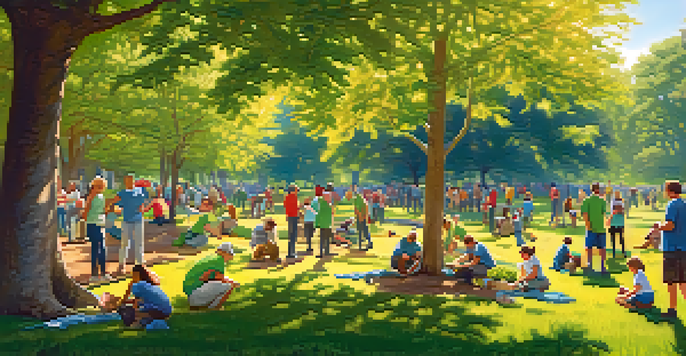 Volunteers planting trees in a park, showcasing community engagement and teamwork in a sunny landscape.