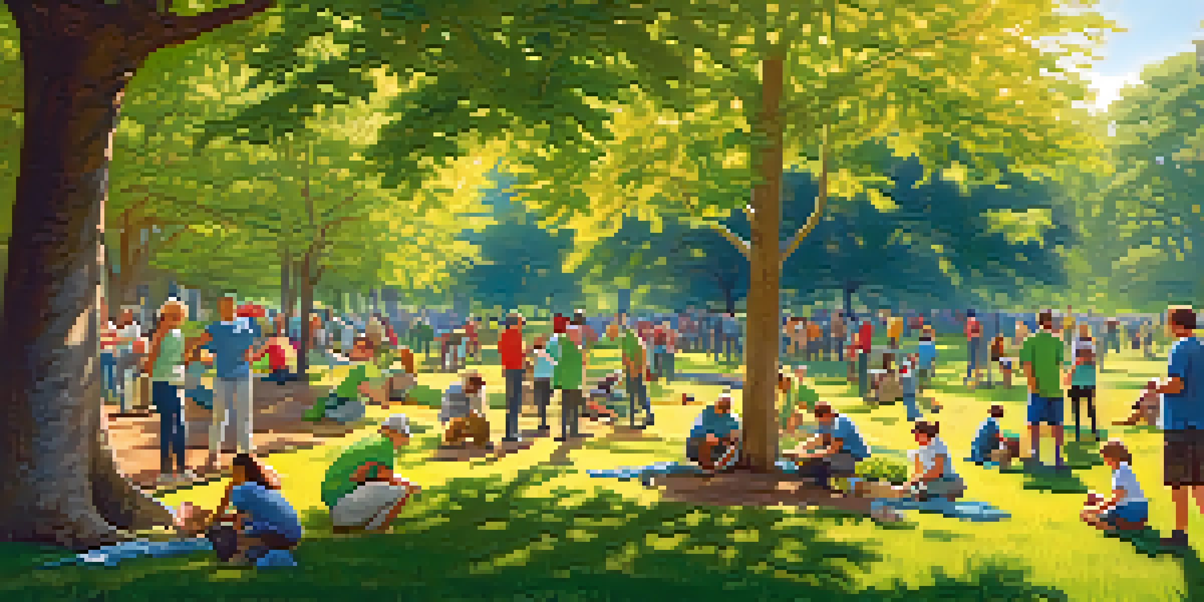 Volunteers planting trees in a park, showcasing community engagement and teamwork in a sunny landscape.