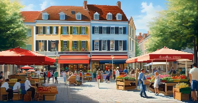 A busy market square in a small town with colorful shops and people shopping, flowers, and a café in the background under a sunny sky.