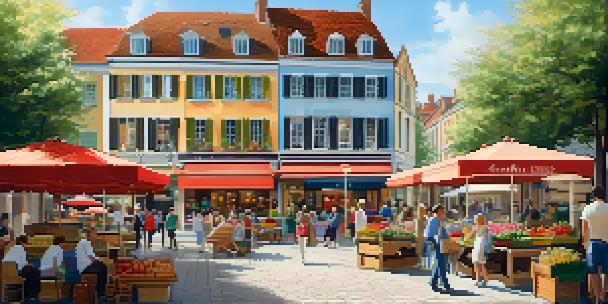 A busy market square in a small town with colorful shops and people shopping, flowers, and a café in the background under a sunny sky.