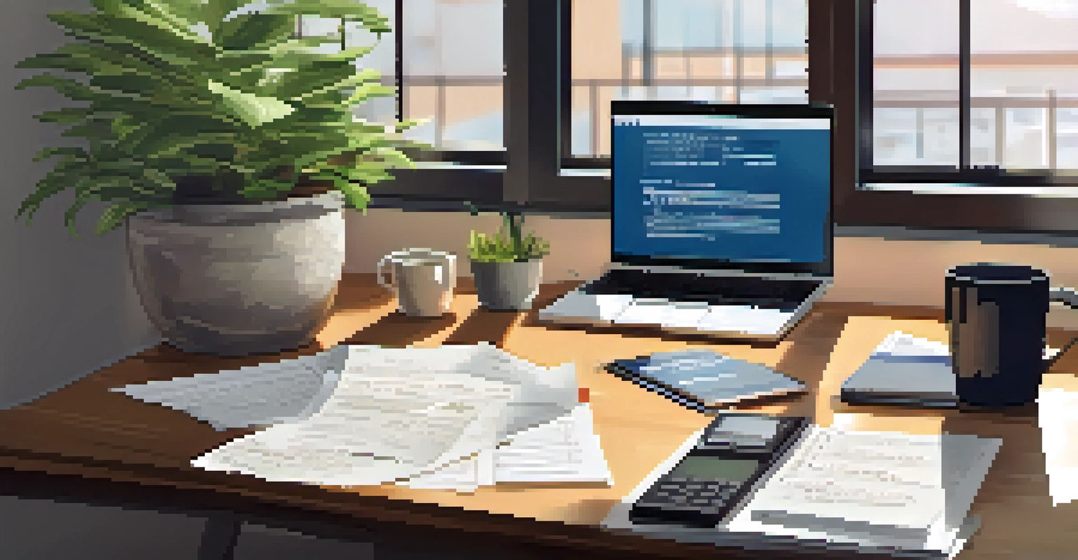 An organized office desk with tax documents, a laptop, and a calculator, illuminated by natural light.