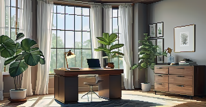 A well-lit home office with a wooden desk, laptop, and coffee cup, surrounded by plants and tax documents.