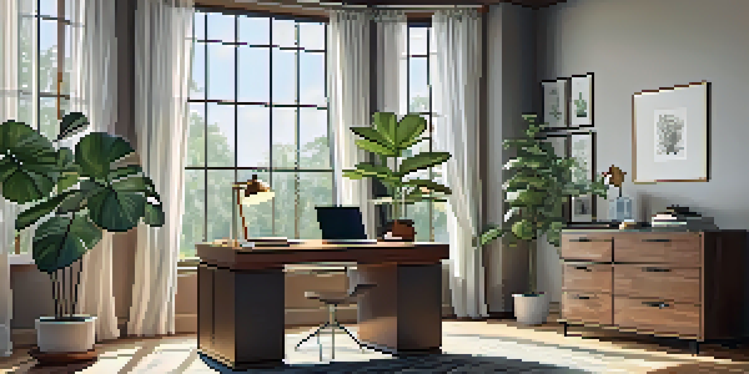 A well-lit home office with a wooden desk, laptop, and coffee cup, surrounded by plants and tax documents.