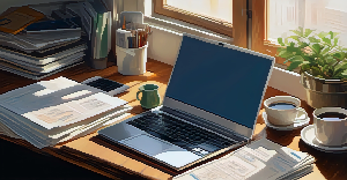 A cluttered desk featuring a laptop, papers, a calculator, and a cup of coffee, illuminated by soft natural light from a window.