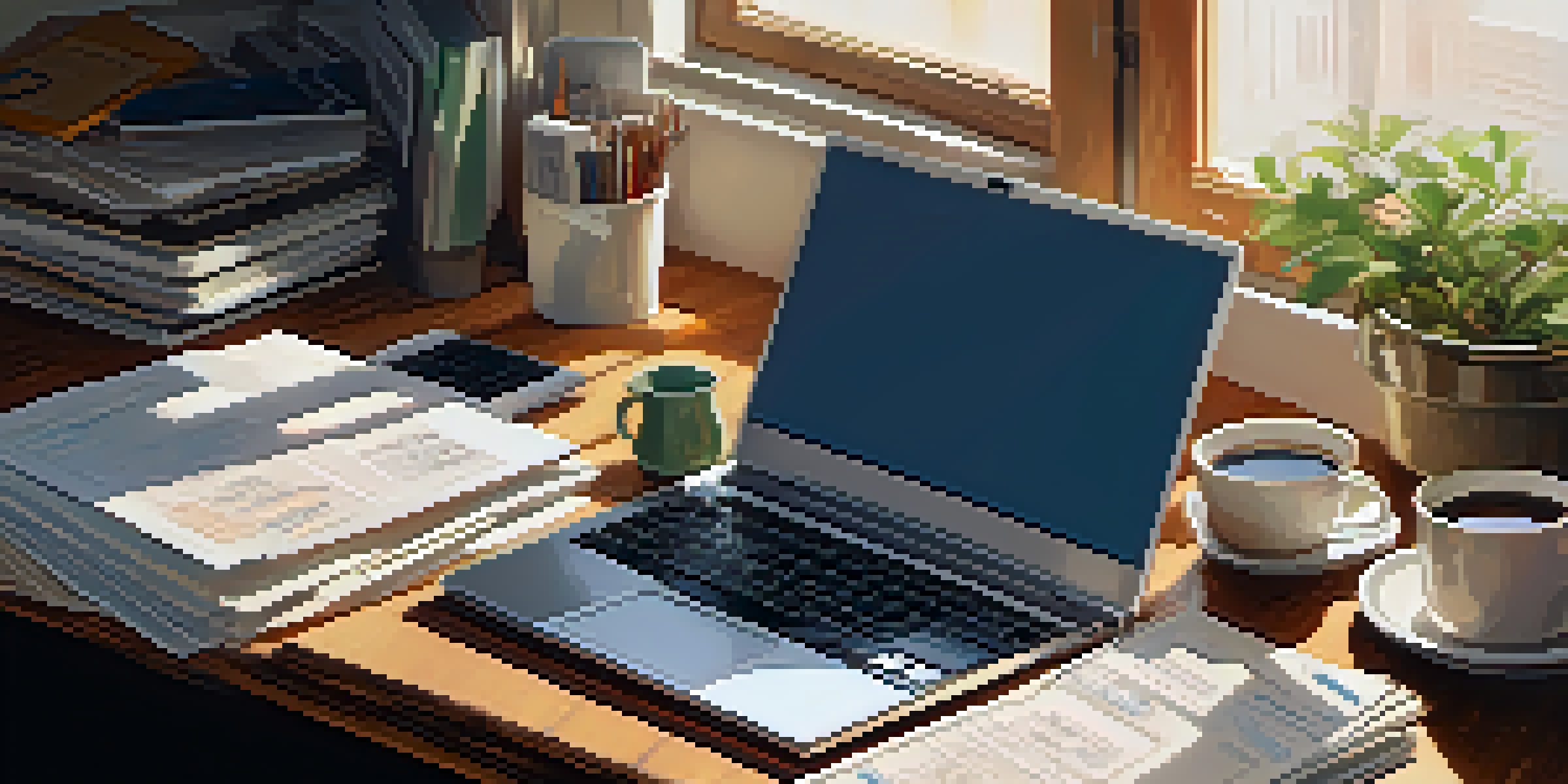 A cluttered desk featuring a laptop, papers, a calculator, and a cup of coffee, illuminated by soft natural light from a window.