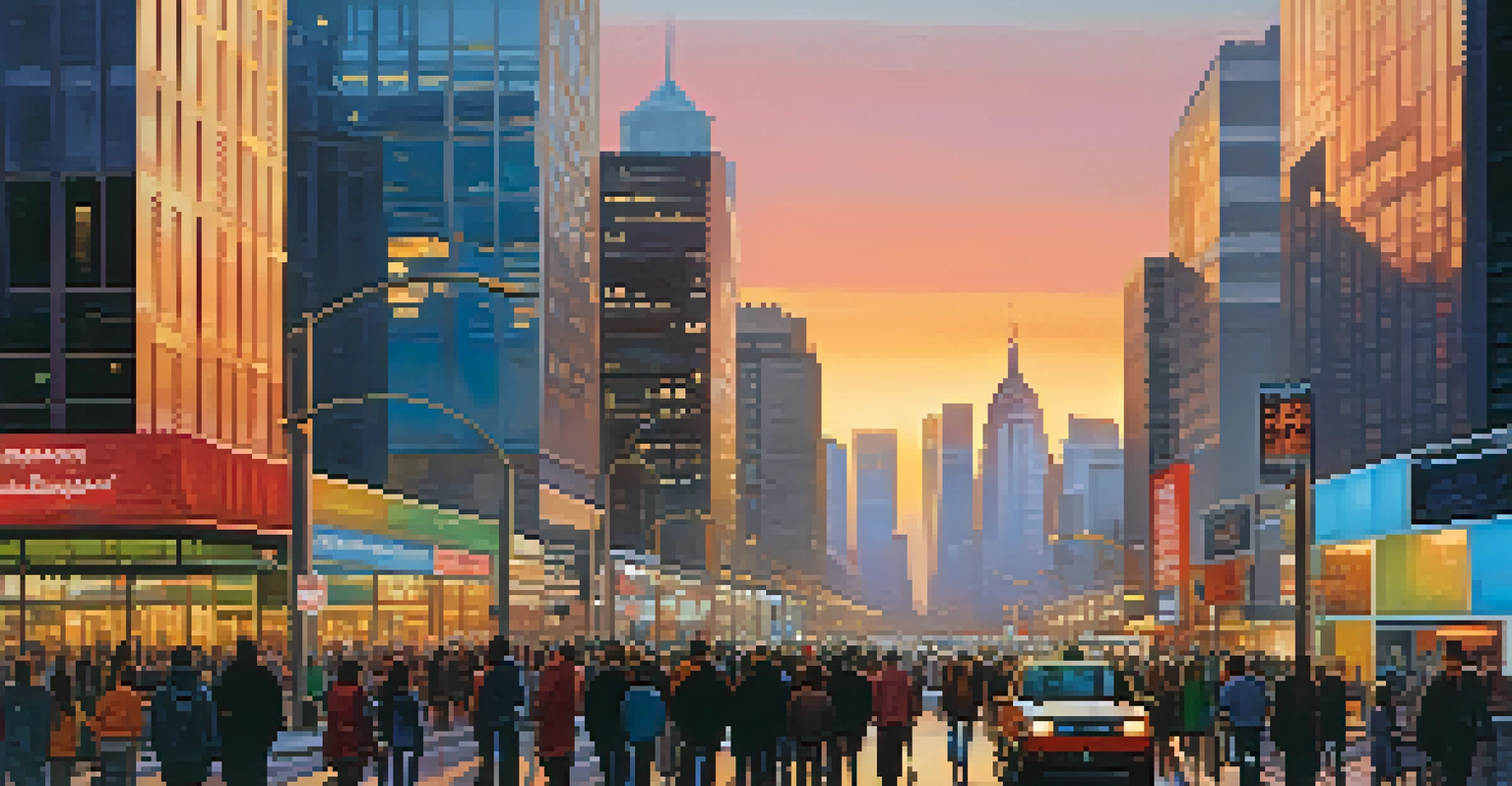 A city skyline at dusk with modern skyscrapers and a busy street filled with people and cars.