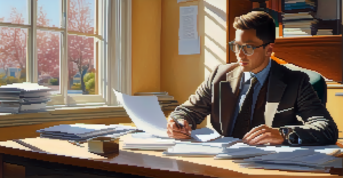 A person working at a tidy desk with organized paperwork and a laptop, illuminated by natural light from a sunny window.