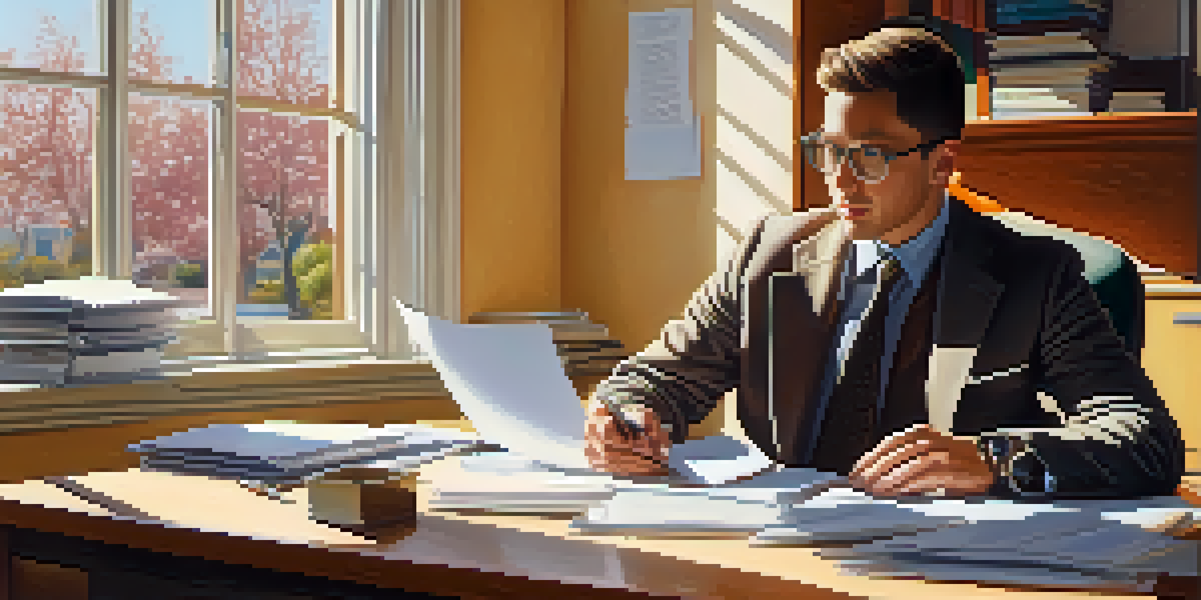 A person working at a tidy desk with organized paperwork and a laptop, illuminated by natural light from a sunny window.