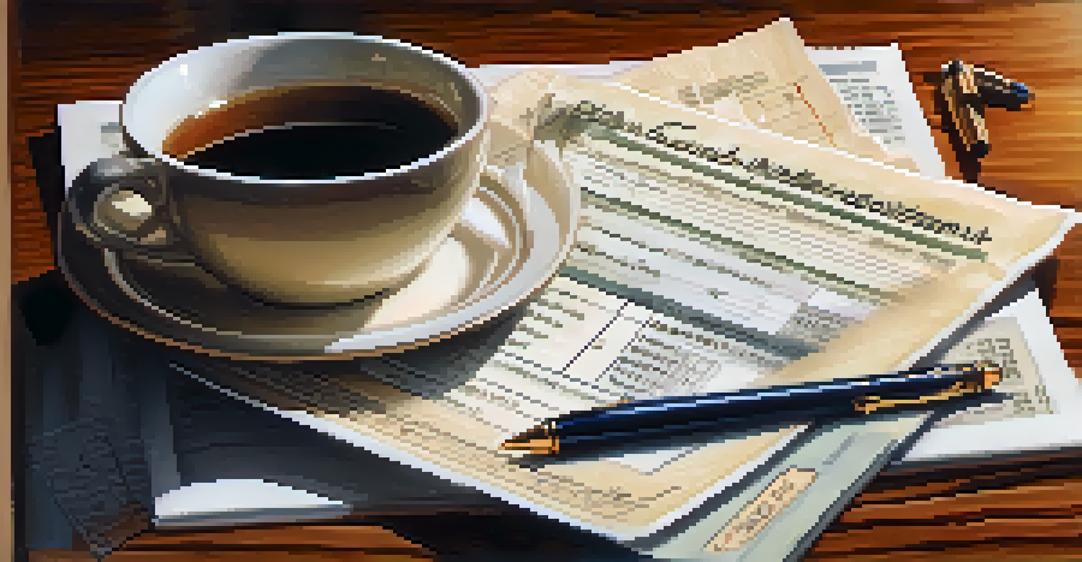 A close-up of a hand holding a pen over a tax document, with a calculator and a cup of tea in a warm setting.