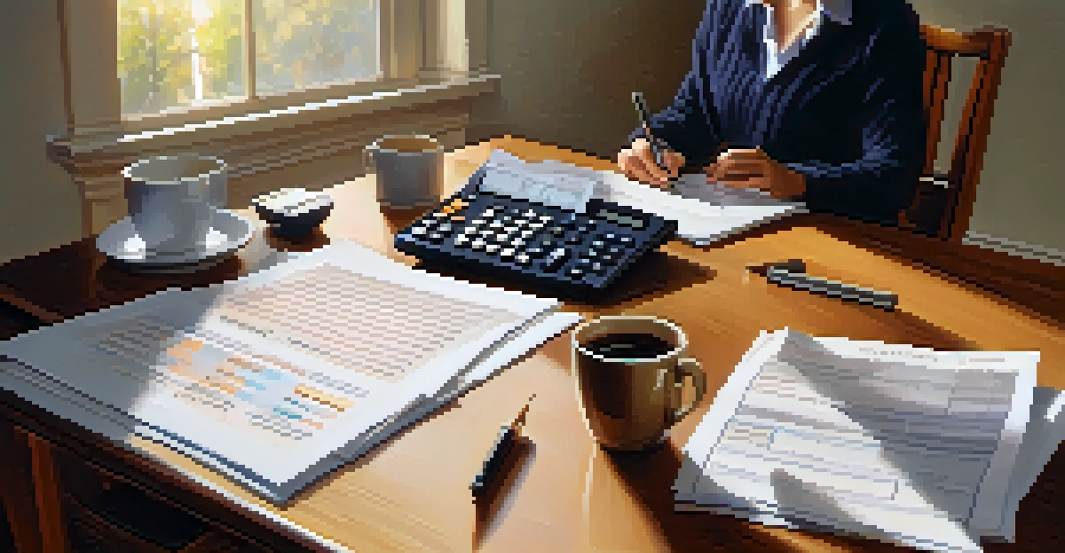 A person reviewing financial documents with a checklist and calculator on a table in a cozy home setting.