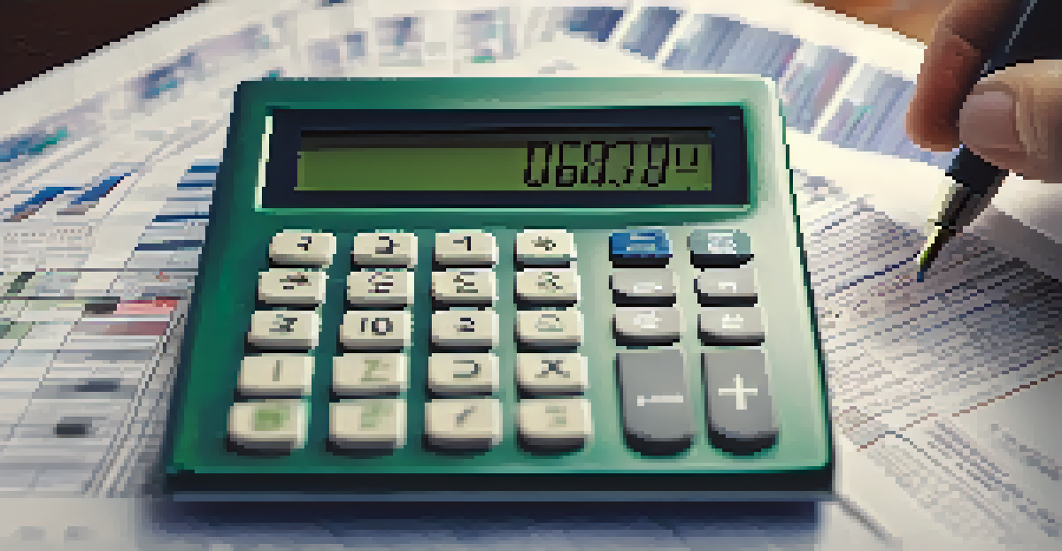 A close-up of a hand using a calculator surrounded by stock market charts and financial documents, emphasizing the analytical nature of tax-loss harvesting.