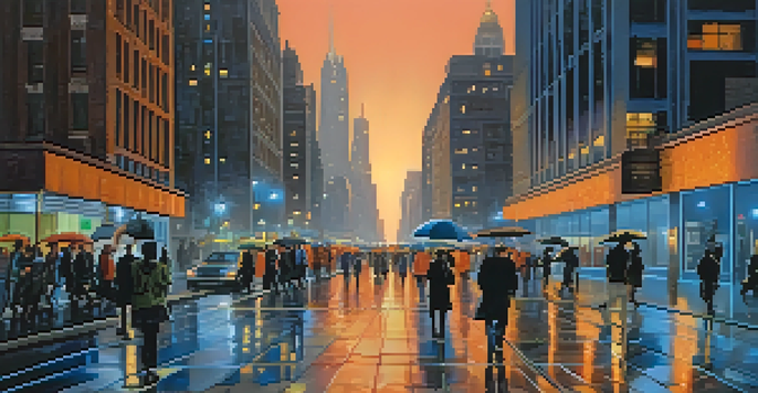 A vibrant city street at twilight, with illuminated skyscrapers and reflections on a wet pavement.