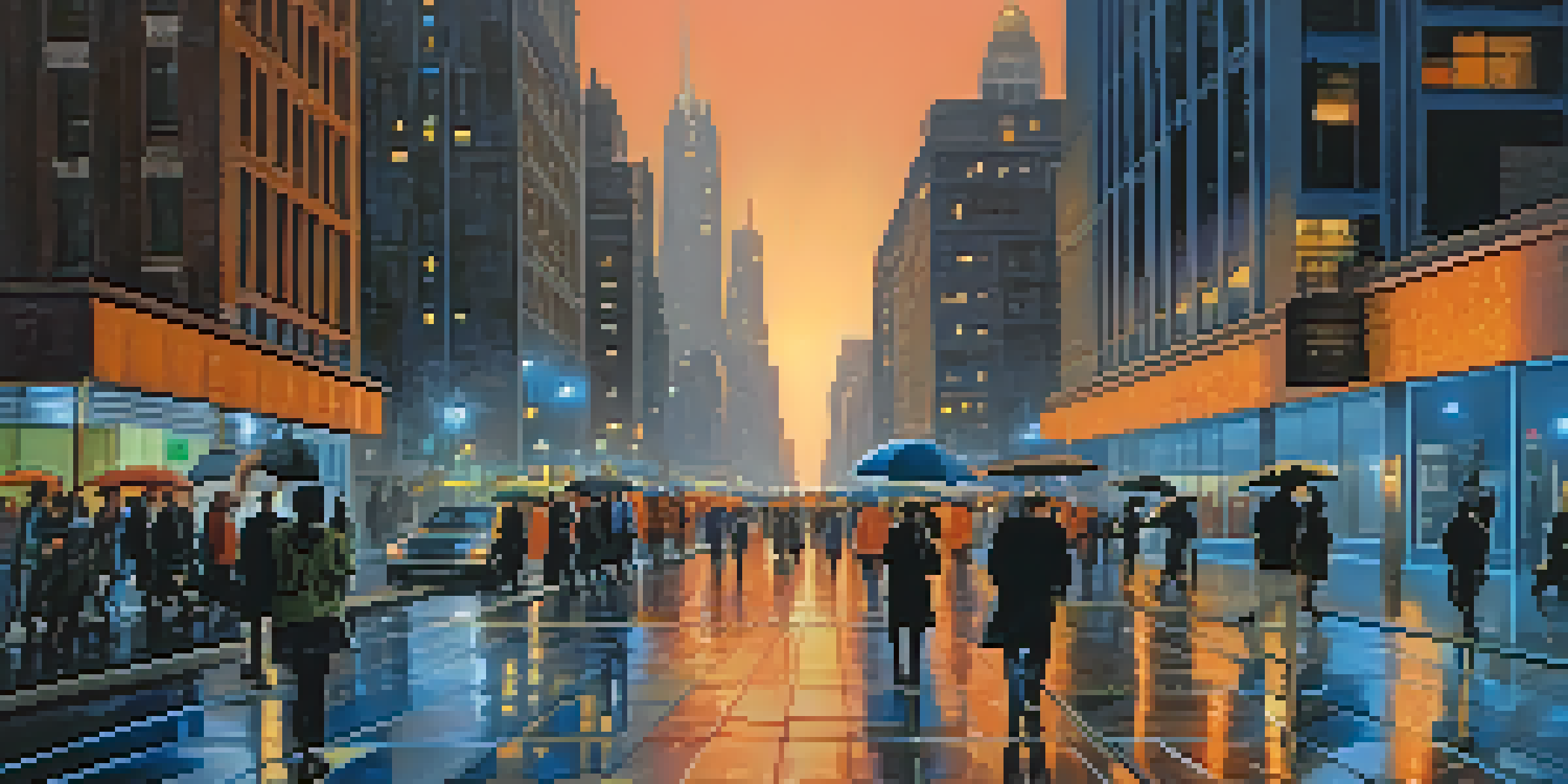 A vibrant city street at twilight, with illuminated skyscrapers and reflections on a wet pavement.