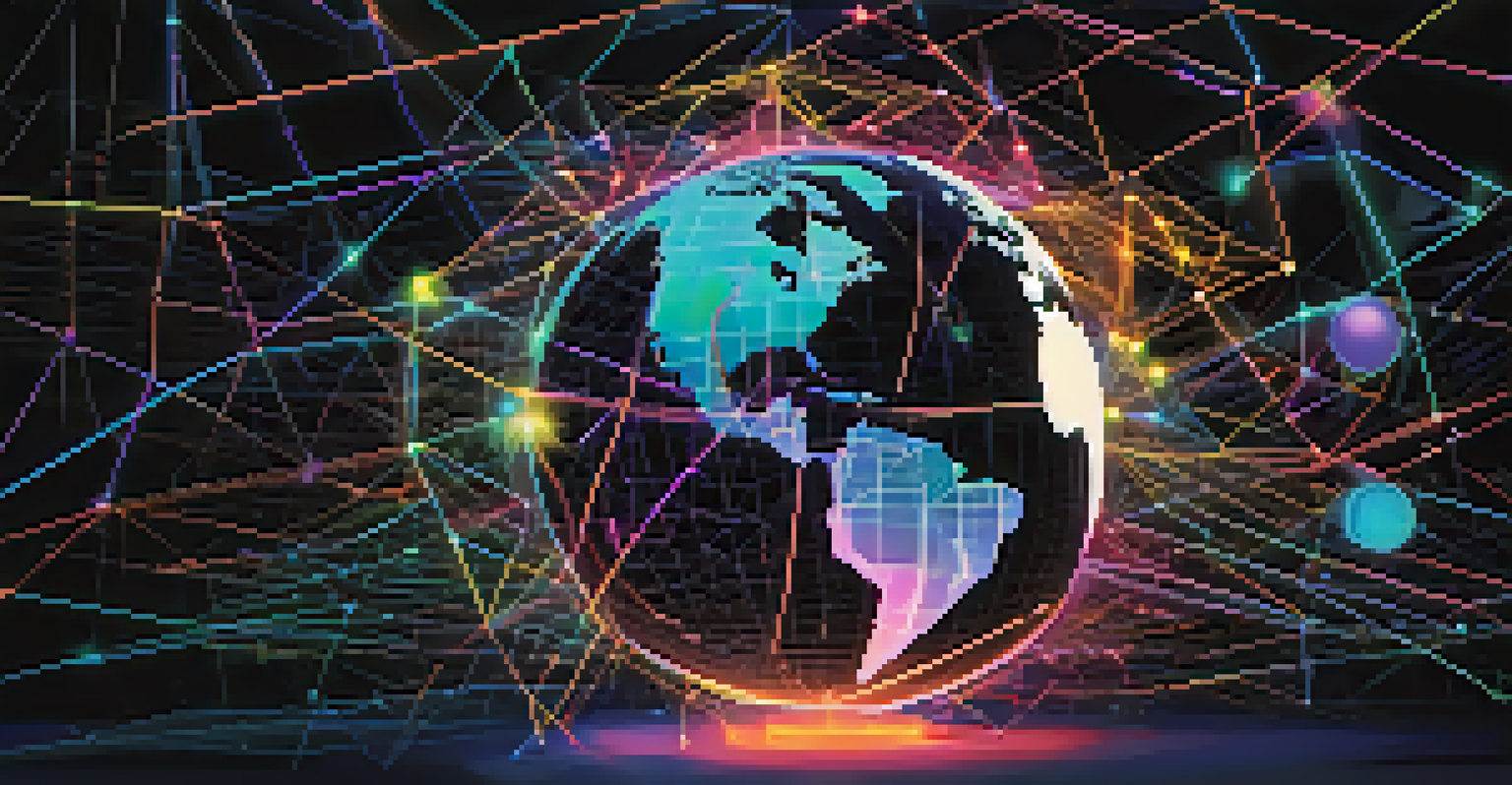 An abstract glowing globe made of interconnected lines and nodes, surrounded by symbols of business and compliance in neon colors.
