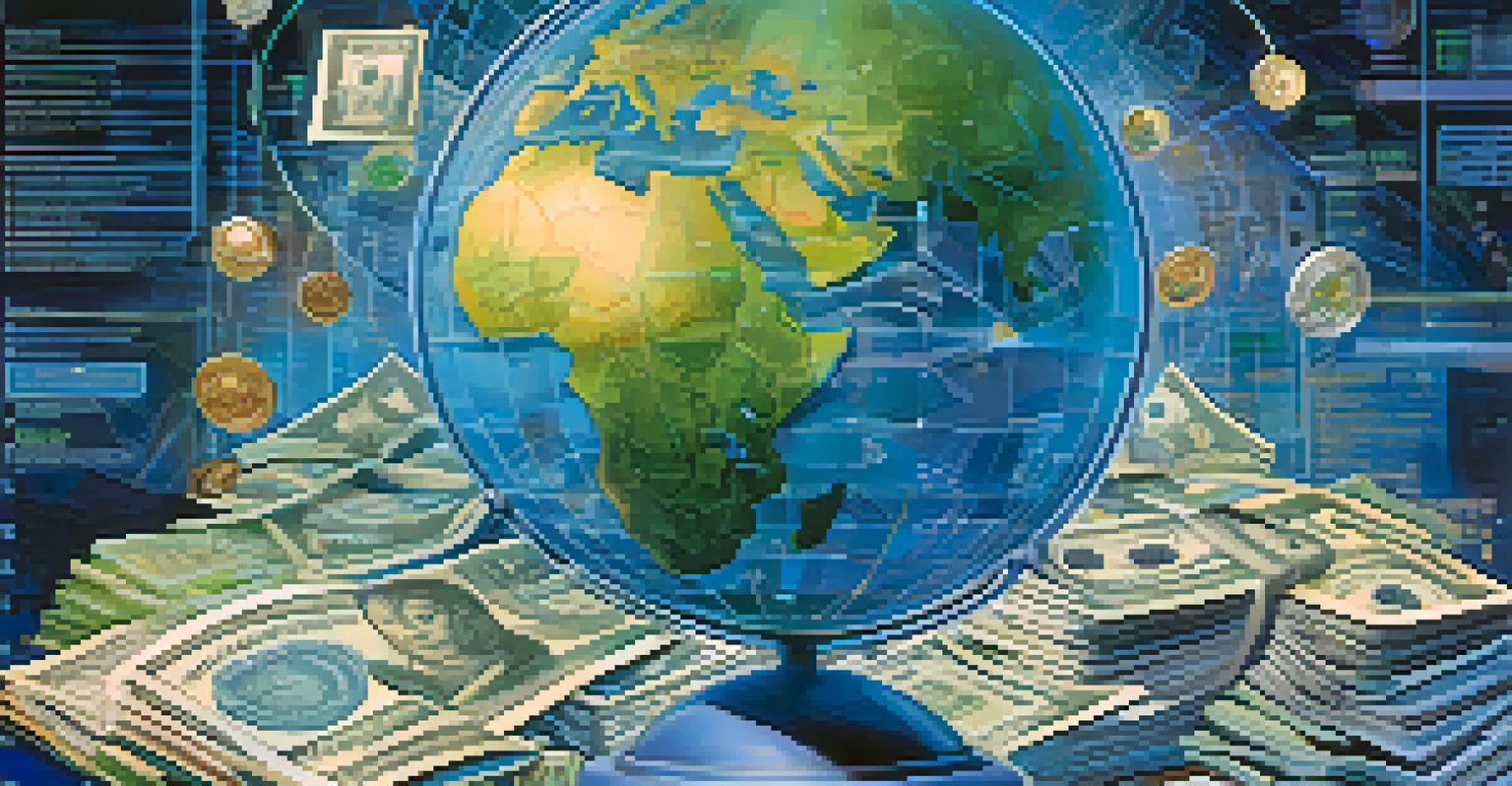 A globe with currency symbols and tax documents, representing international tax compliance and technology.