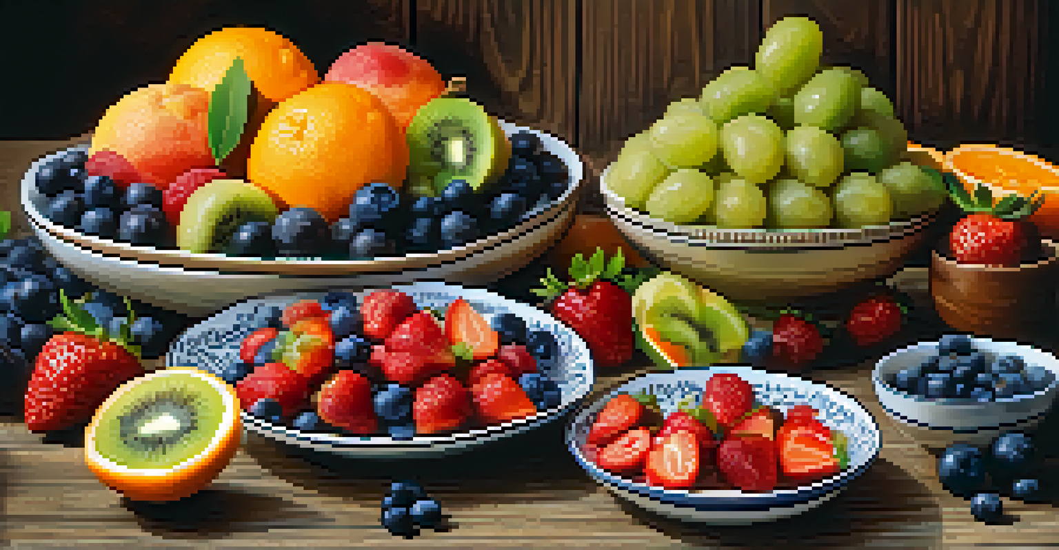A colorful plate of assorted fruits, including strawberries, blueberries, kiwi, and orange slices, on a wooden table.