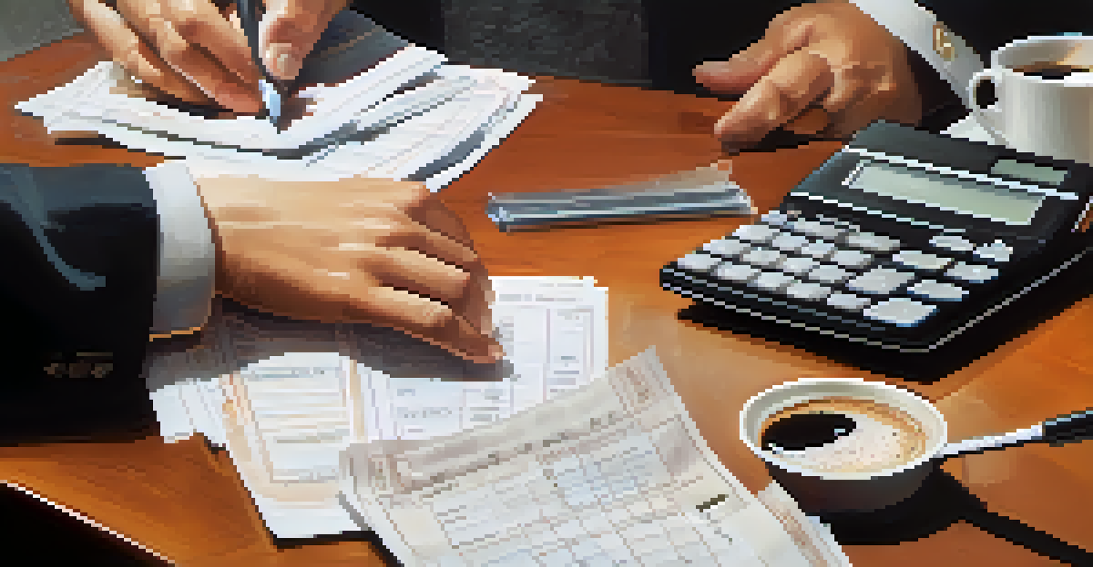Person's hands organizing receipts in a binder, with a calculator and coffee cup on the table.