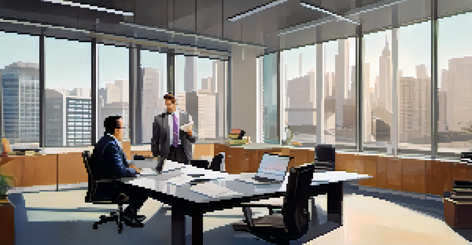 A business owner and an accountant discussing finances in a modern office with charts and a laptop.