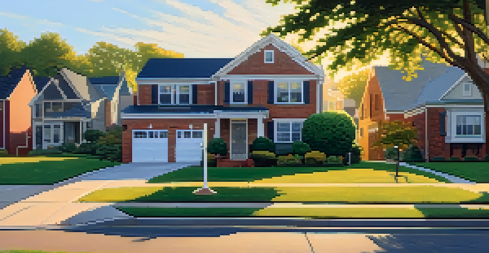 A peaceful suburban neighborhood with houses, lawns, and a warm sunset light.