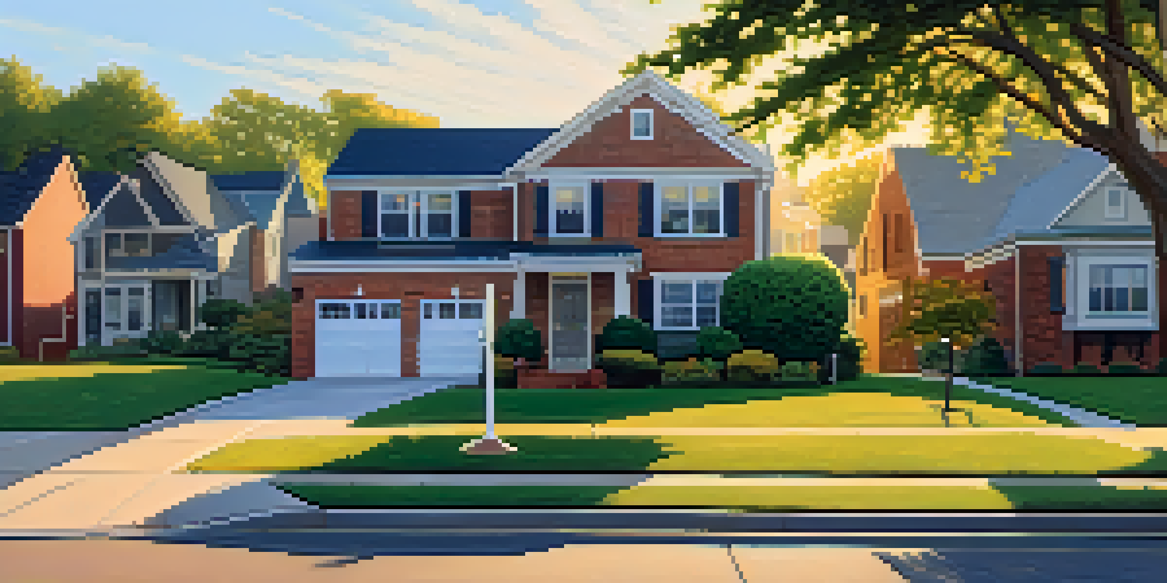 A peaceful suburban neighborhood with houses, lawns, and a warm sunset light.