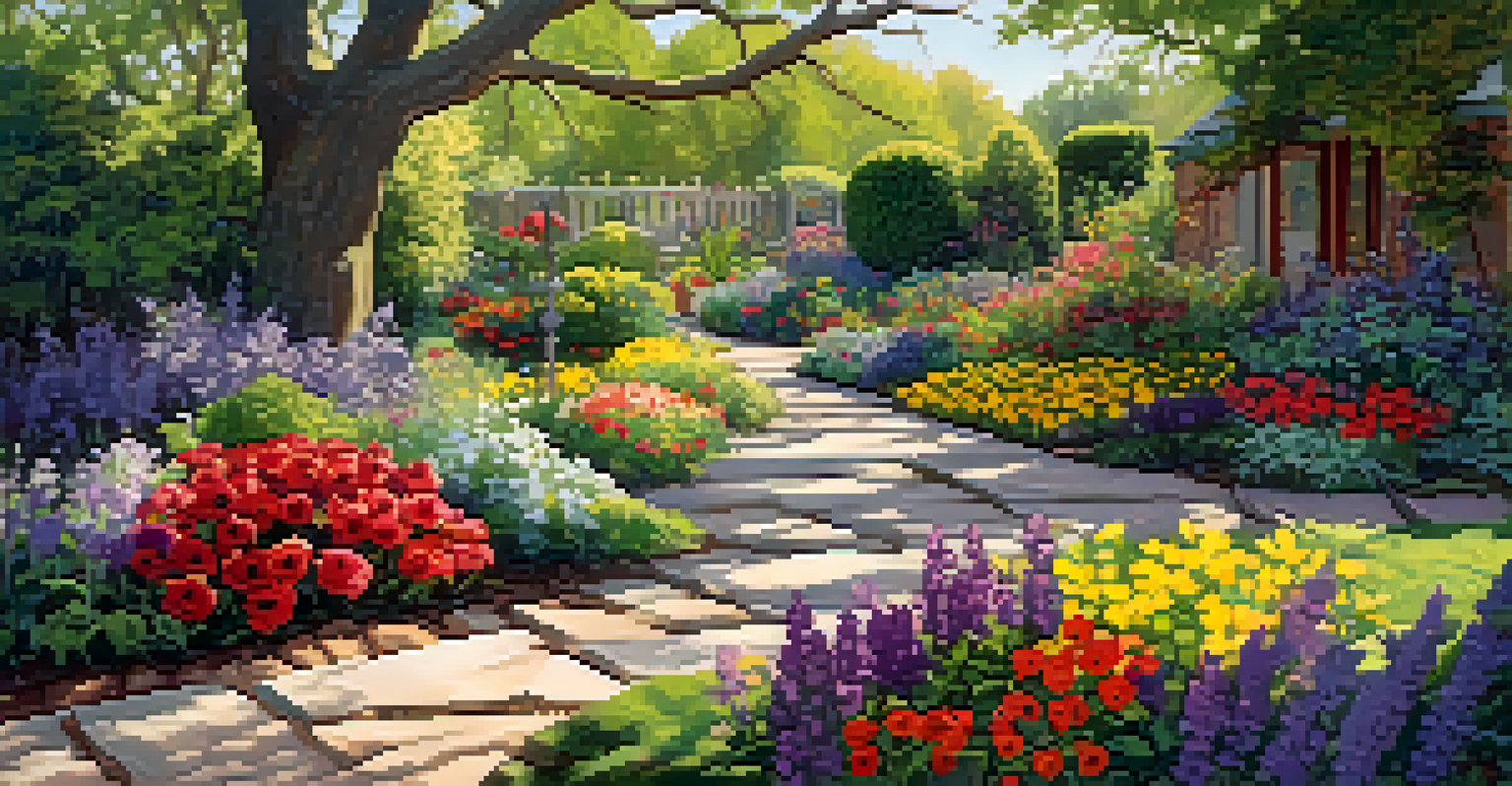 A colorful garden in full bloom with a variety of flowers and a winding stone path, illuminated by sunlight filtering through trees.