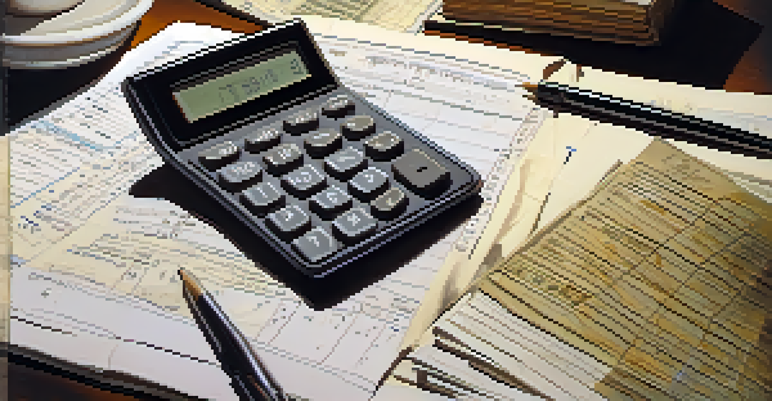 A hand writing in a ledger book surrounded by financial documents and a calculator, highlighting the importance of accurate record-keeping.