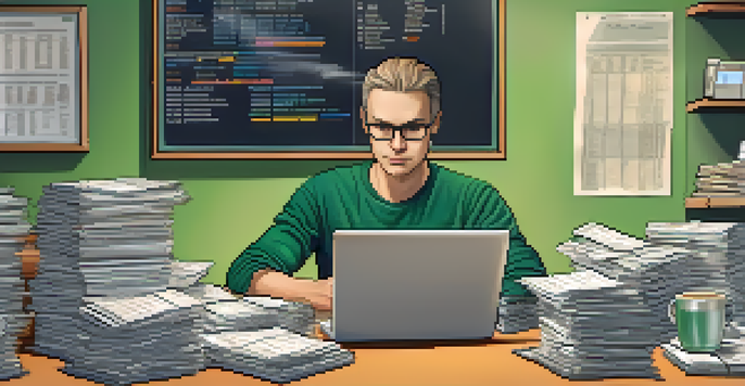 A small business owner working at a cluttered desk with receipts and a laptop showing a sales tax calculator, surrounded by a warm and inviting atmosphere.