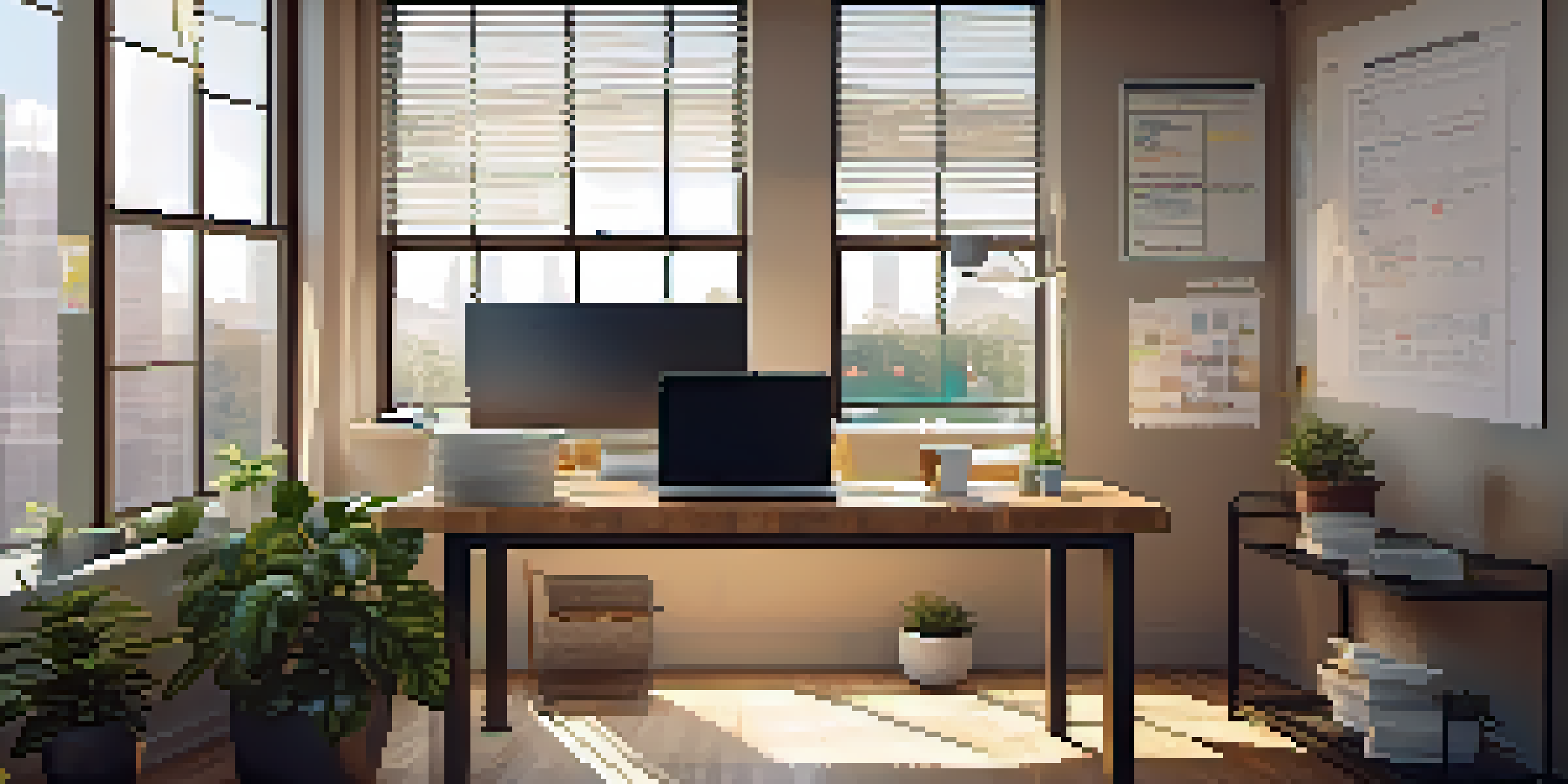 A bright modern office with a wooden desk, laptop, coffee cup, and a potted plant, illuminated by sunlight.