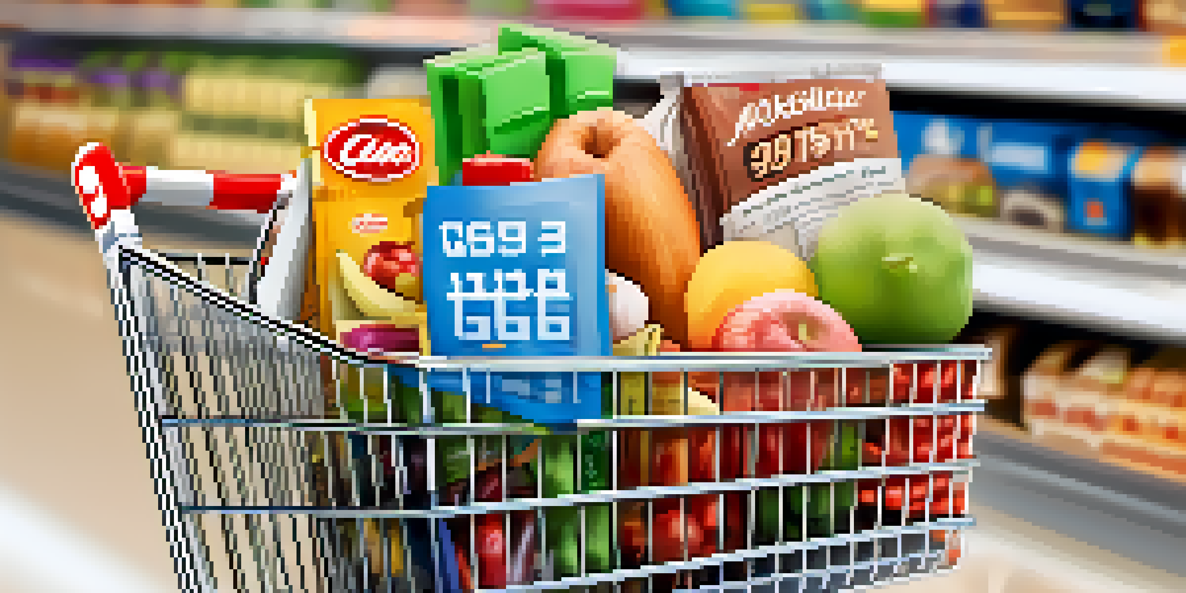 A shopping cart filled with groceries in a supermarket, with a visible price tag indicating increased costs.