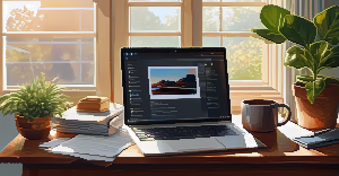 A home office featuring a wooden desk with a laptop, coffee mug, and plant, illuminated by sunlight from a window.