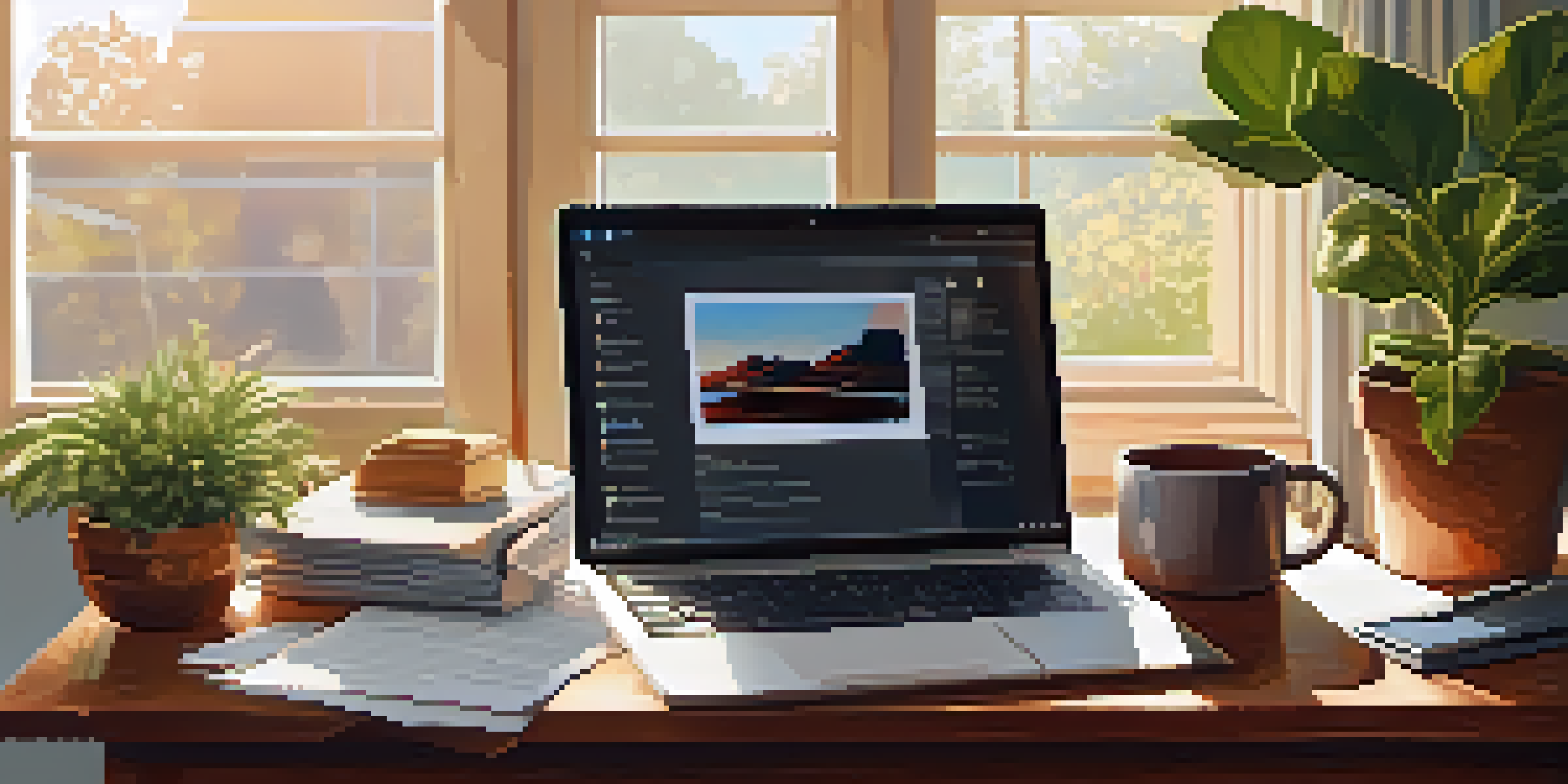 A home office featuring a wooden desk with a laptop, coffee mug, and plant, illuminated by sunlight from a window.