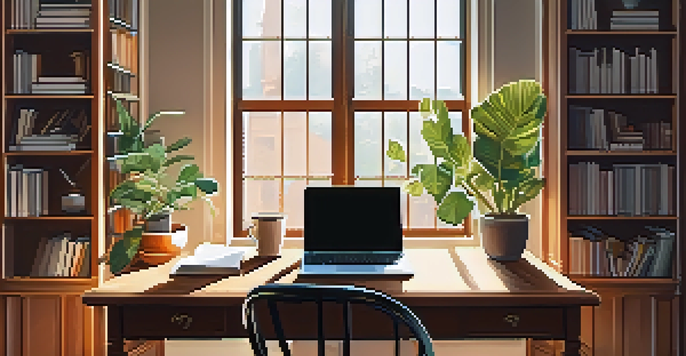 A warm and inviting home office with a wooden desk, laptop, coffee cup, and potted plant illuminated by sunlight from a window.