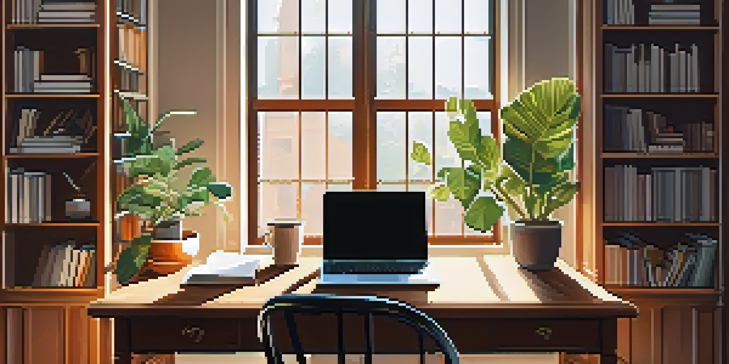 A warm and inviting home office with a wooden desk, laptop, coffee cup, and potted plant illuminated by sunlight from a window.