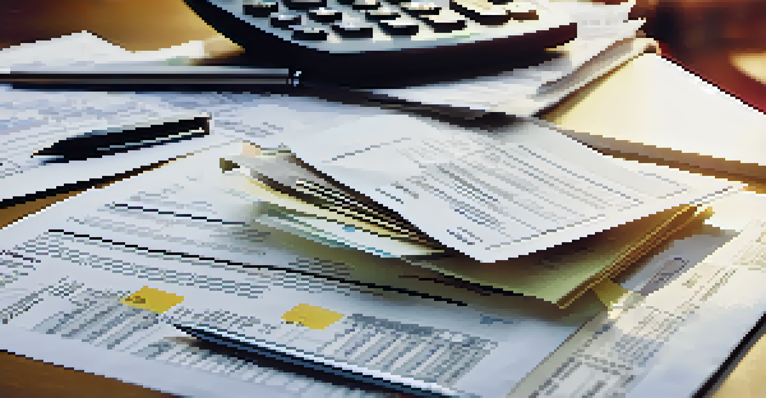 A detailed view of tax documents, receipts, and a calculator on a desk, illuminated by a warm desk lamp.
