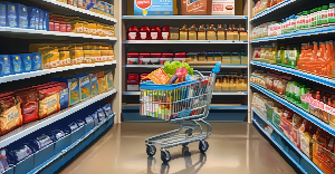 A shopping cart filled with groceries, electronics, and clothing in a retail store, showcasing a price tag with sales tax.