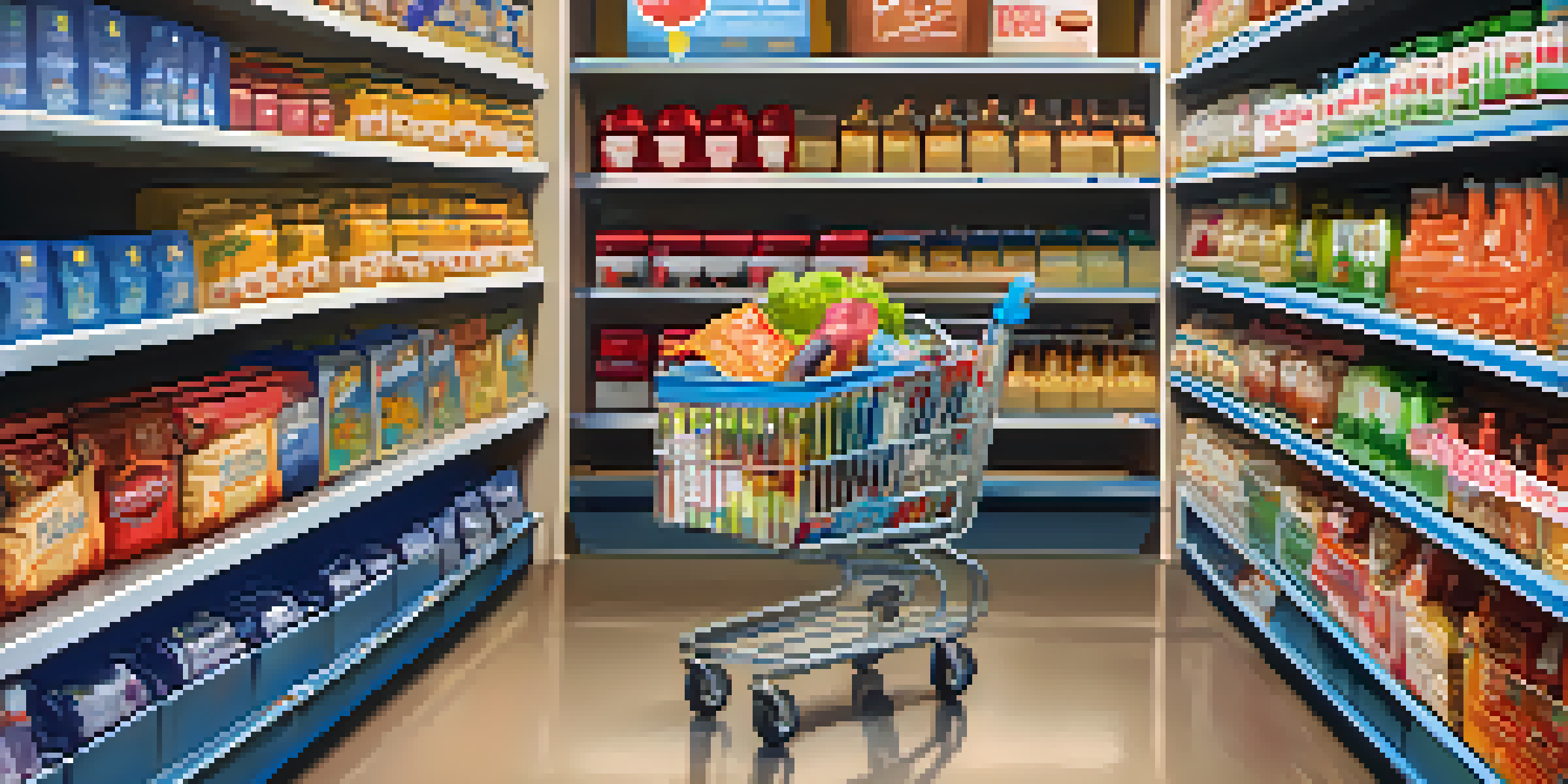 A shopping cart filled with groceries, electronics, and clothing in a retail store, showcasing a price tag with sales tax.
