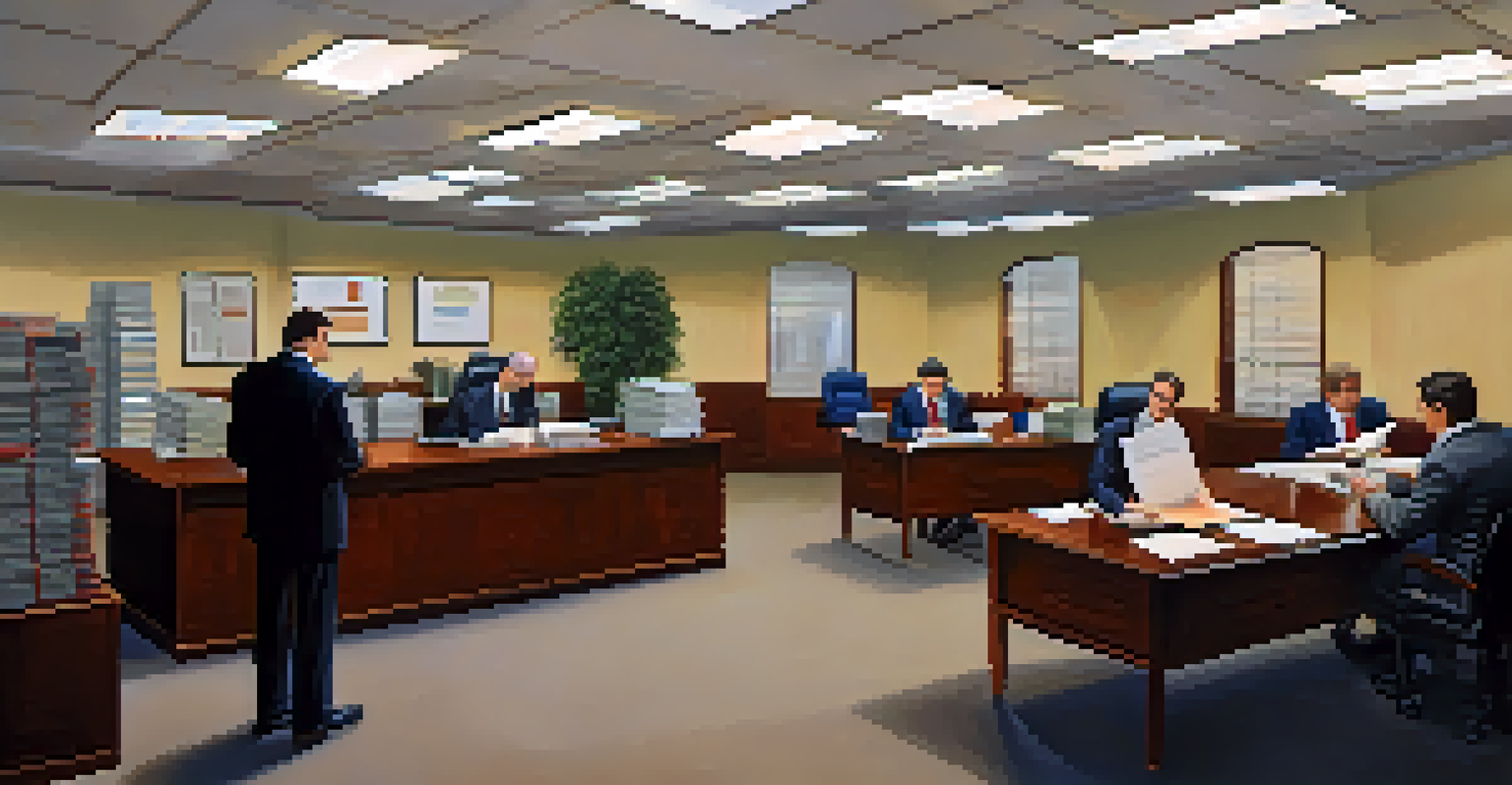 An IRS office with a tax agent and a taxpayer discussing documents at a round table.