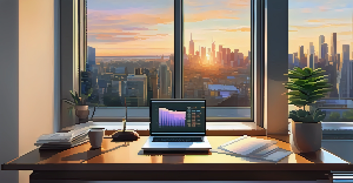 A modern office with a laptop showing financial graphs, a city skyline at sunset, and a warm ambiance.