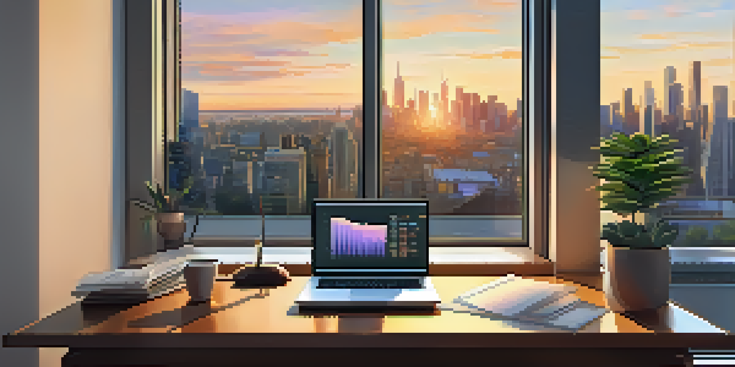 A modern office with a laptop showing financial graphs, a city skyline at sunset, and a warm ambiance.