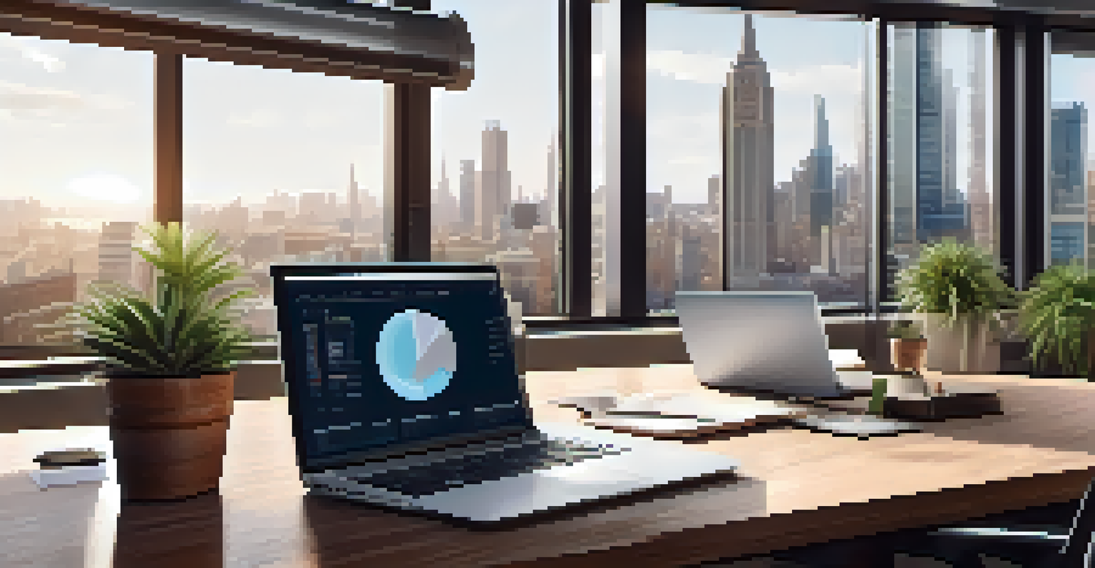 A modern office with a desk, laptop, and city view through the windows.