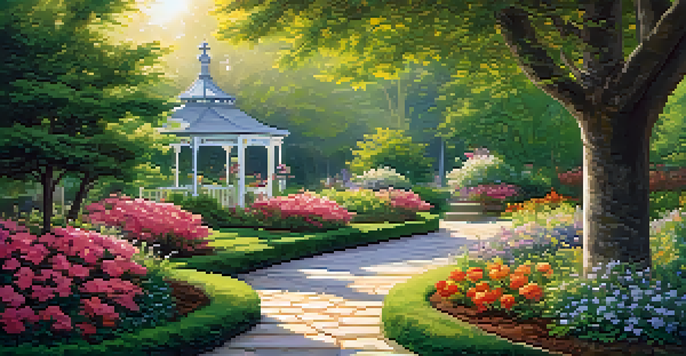 A beautiful garden at sunrise with colorful flowers and a stone pathway.