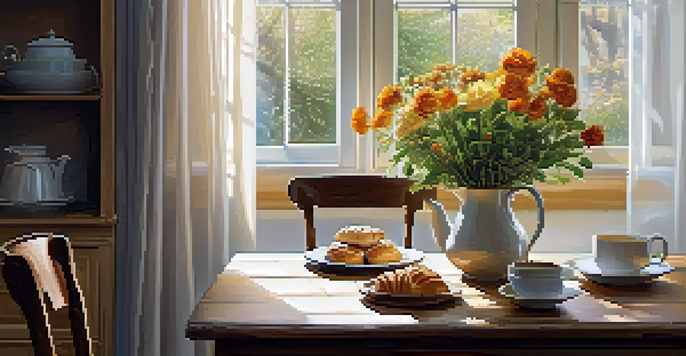 A bright kitchen featuring a wooden table with flowers and coffee, illuminated by soft morning light.