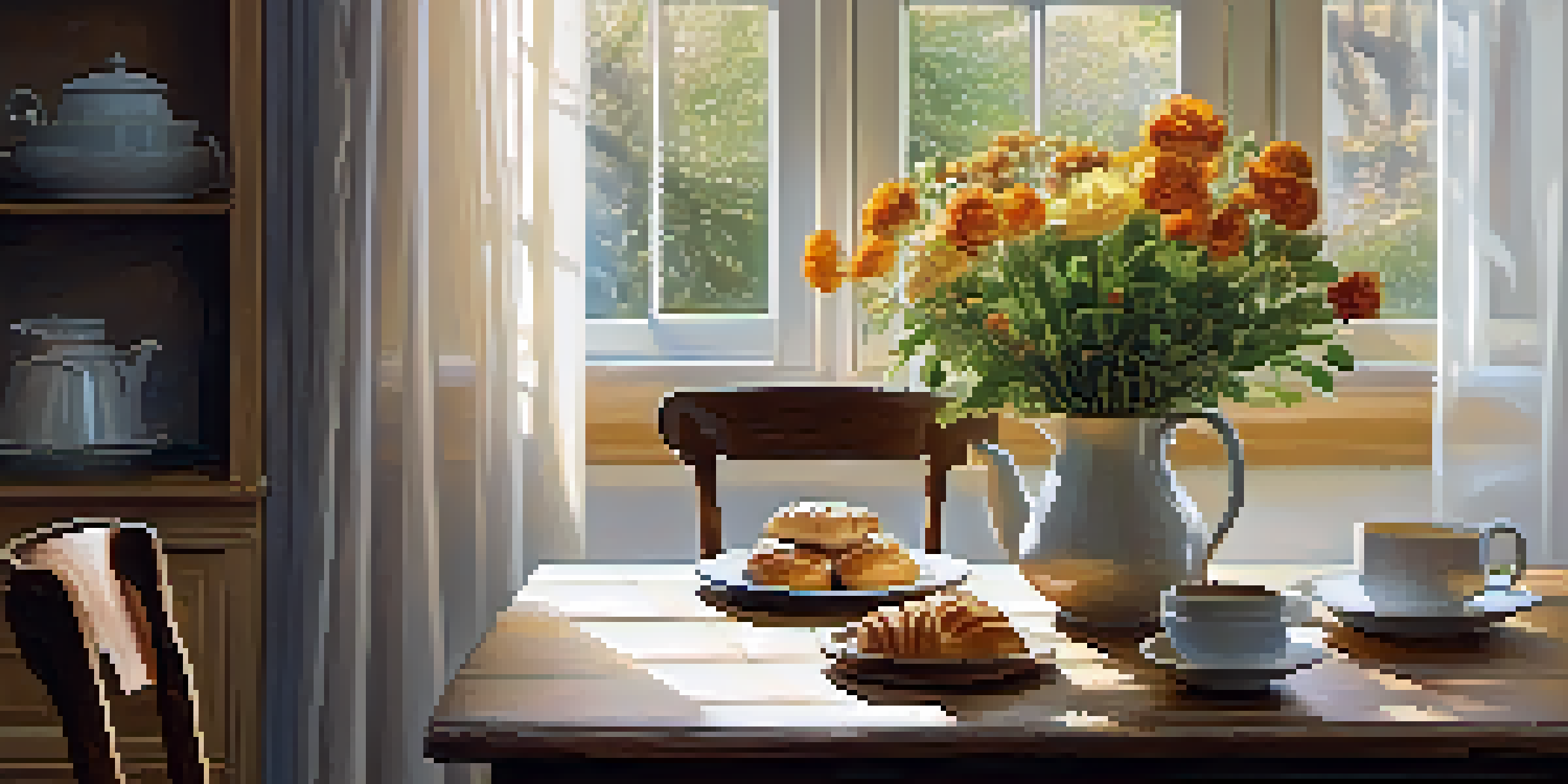 A bright kitchen featuring a wooden table with flowers and coffee, illuminated by soft morning light.