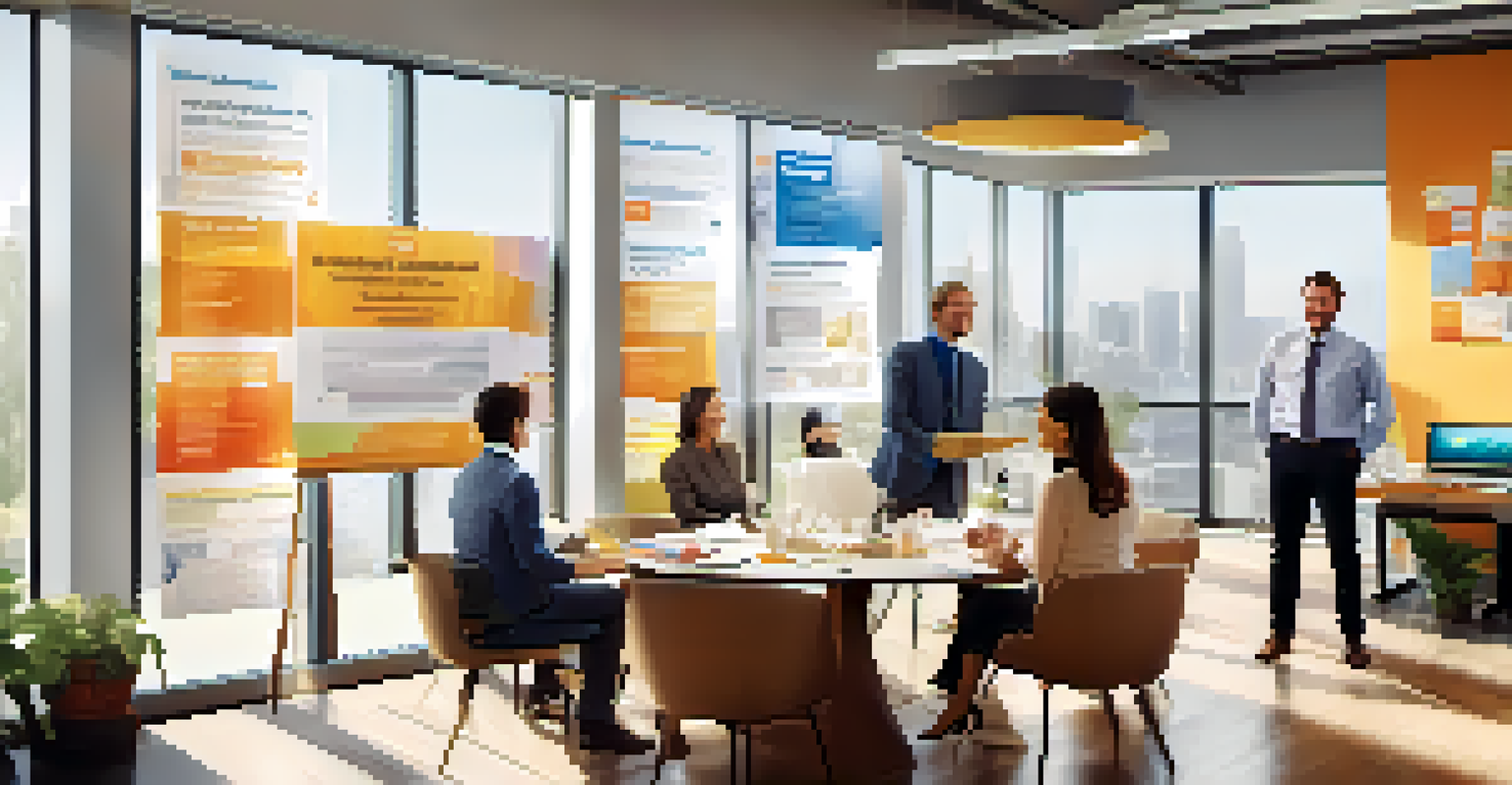 Employees in an office discussing corporate giving programs with a poster about tax benefits on the wall.