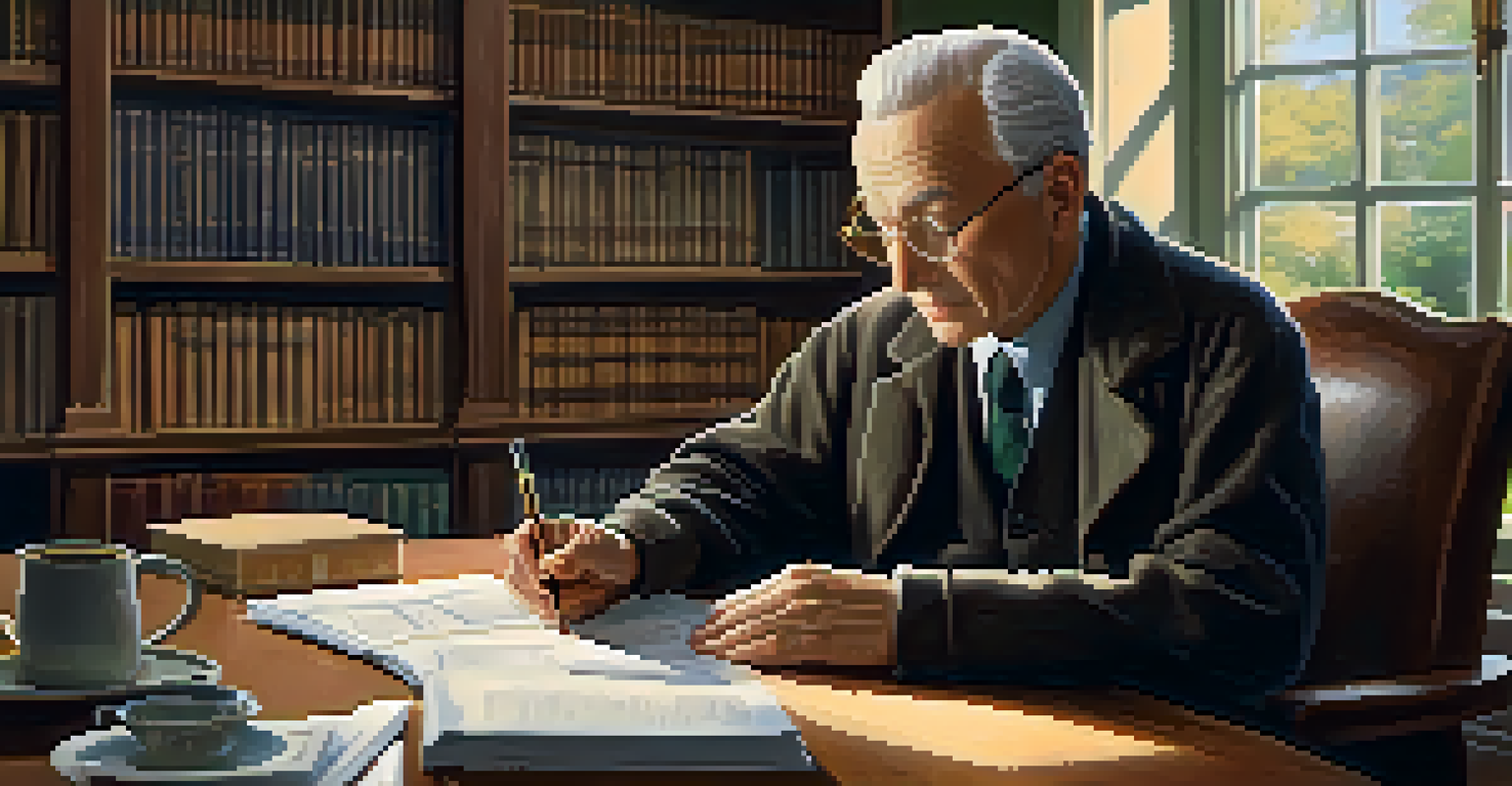 An elderly man at a desk, reviewing financial documents with a thoughtful expression in a warmly lit room.