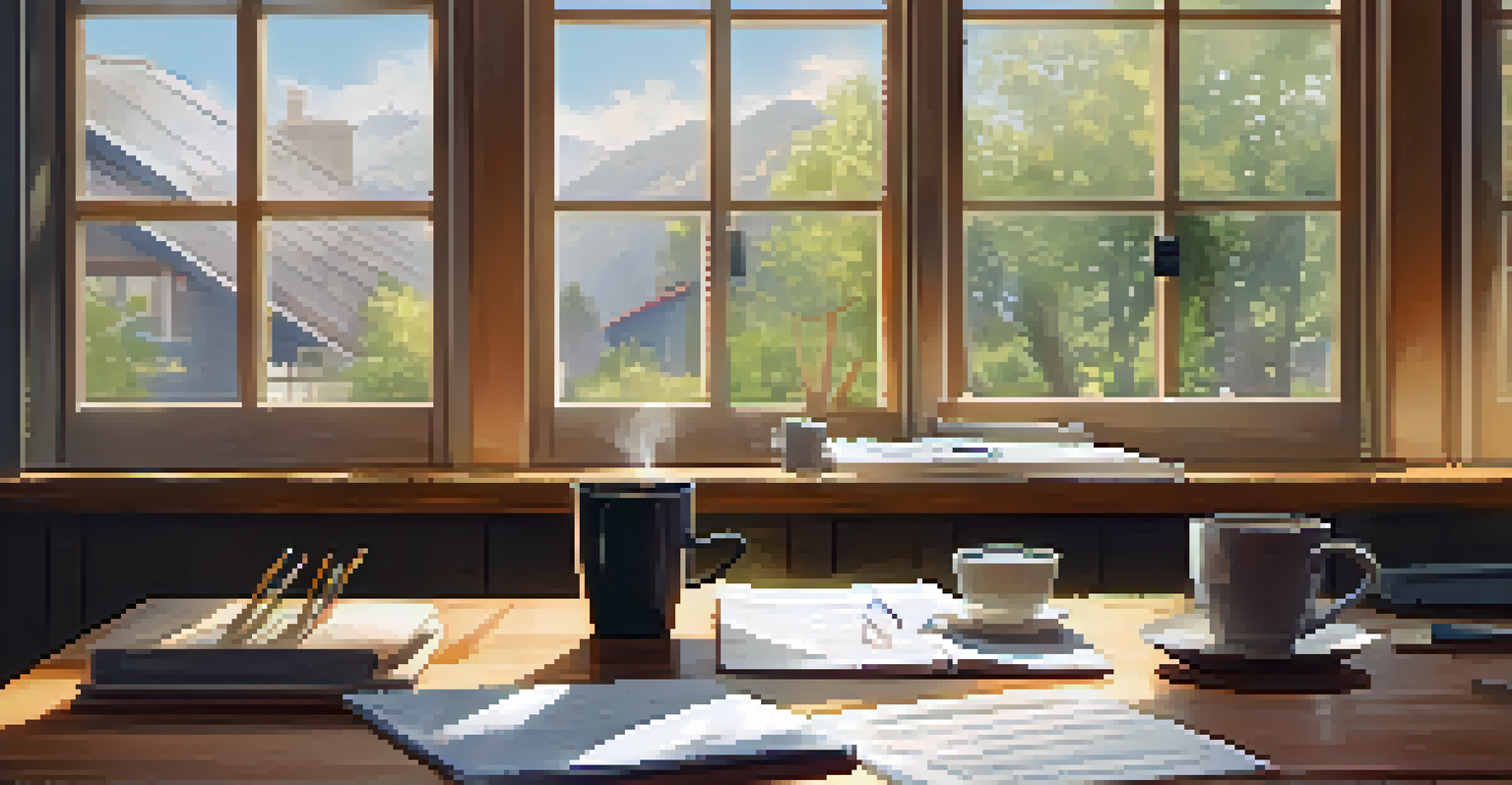 A cozy workspace with a laptop, notepad, and coffee cup, illuminated by natural light.